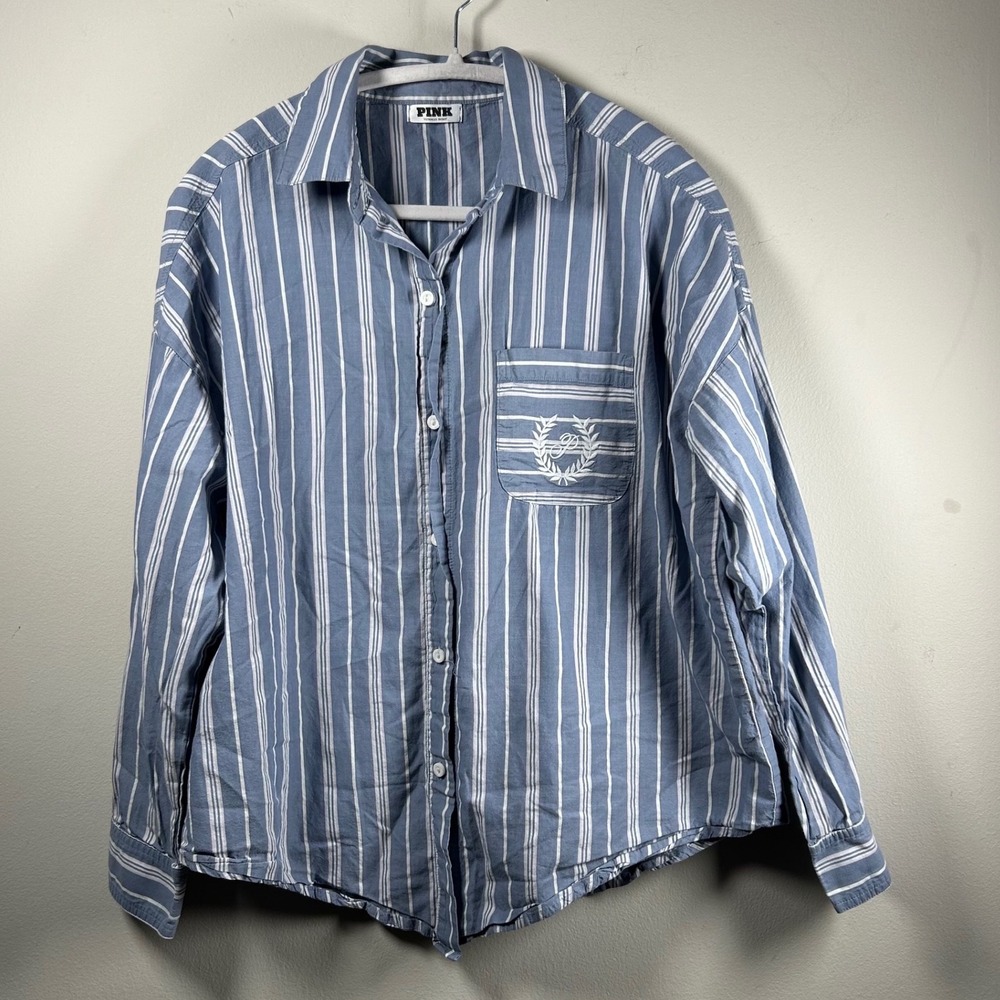 PINK Victoria's Secret Button Up Shirt Womens Small Blue Striped Y2K Oversized
